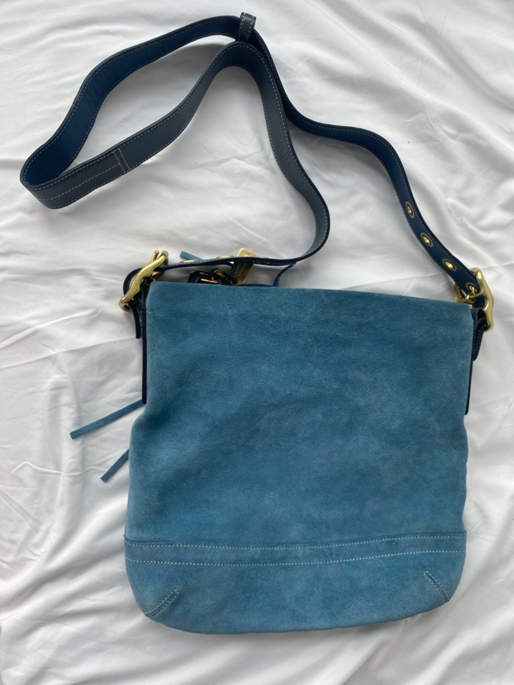 Vintage Coach Teal Suede Crossbody with Tassel and Gold Hardware - Picture 2 of 4